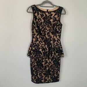 Tadashi Shoji sleeveless lace overlay black nude fitted peplum pencil dress